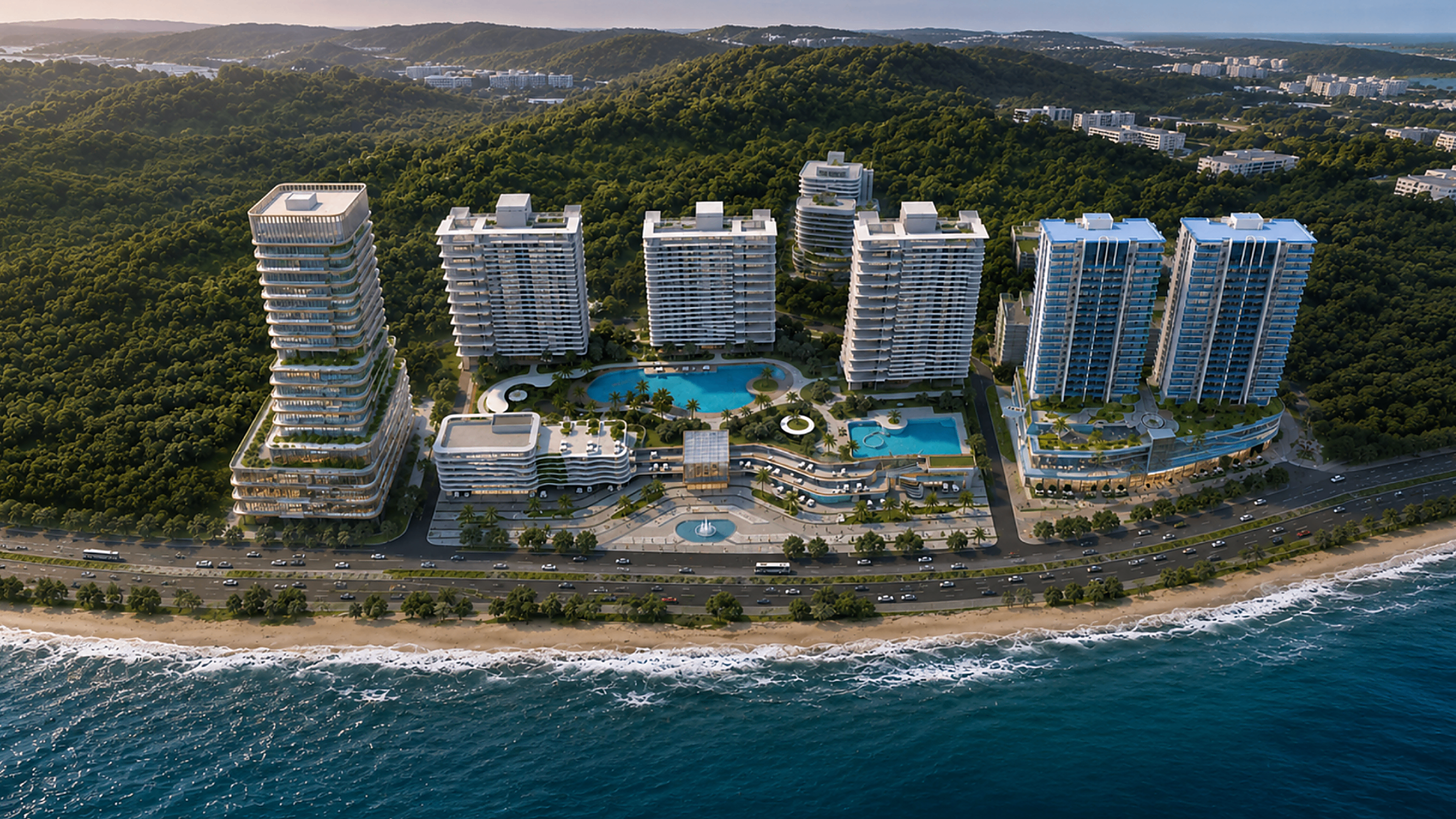 Daytime aerial rendering of Sea Park Development along the Ela Beach waterfront