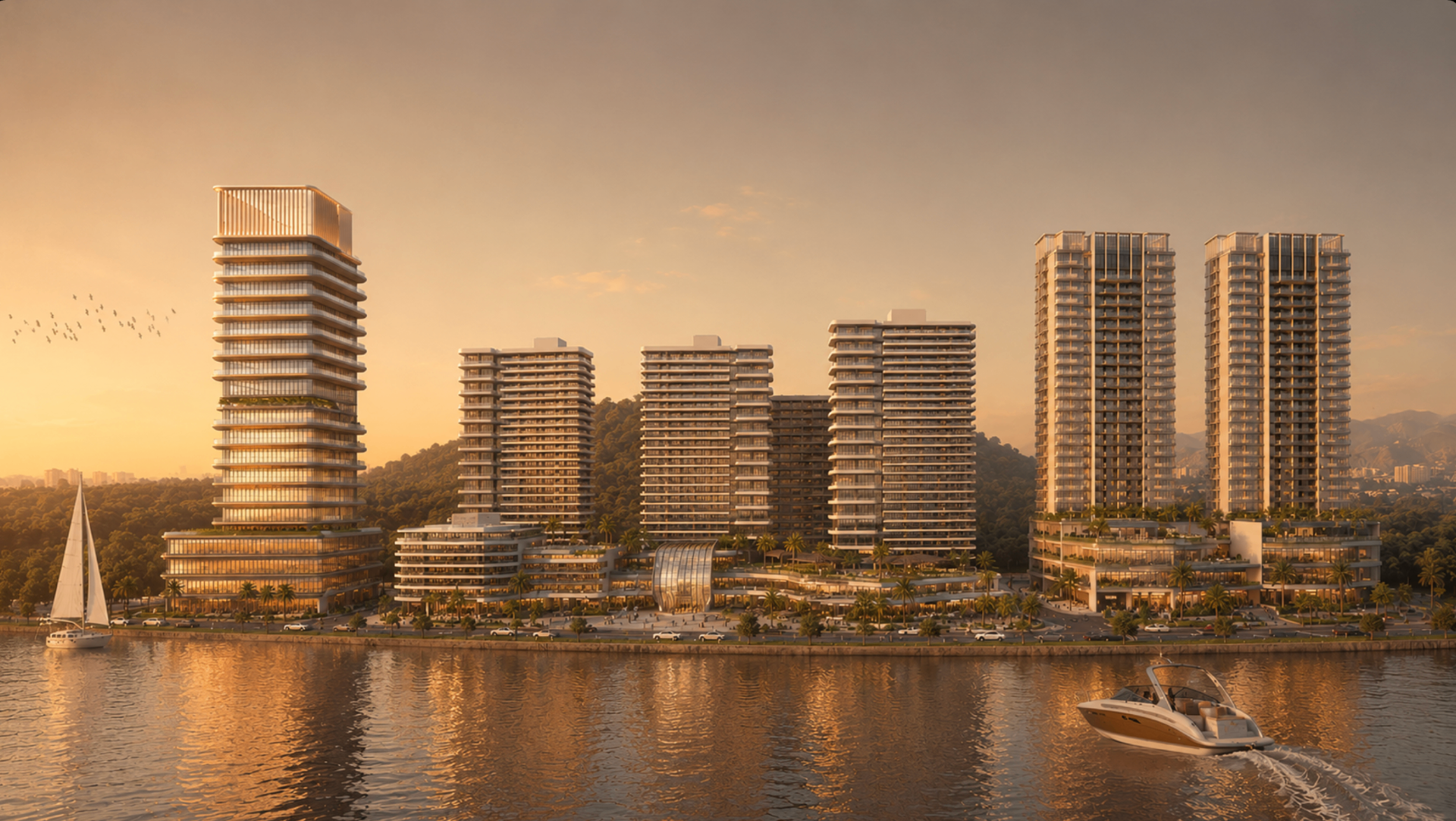 Golden hour waterfront render of Sea Park Development along Ela Beach