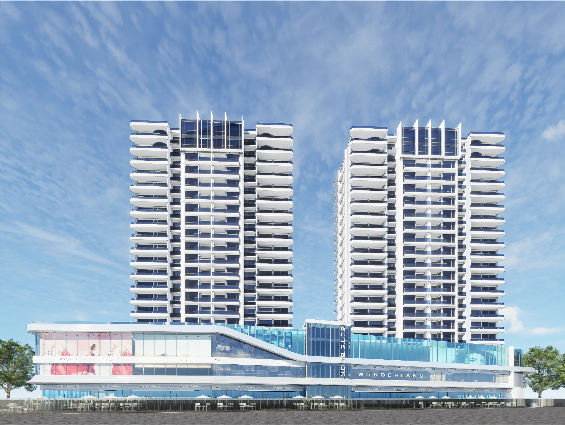 Daytime rendering of Azure Residences commercial podium and twin residential towers