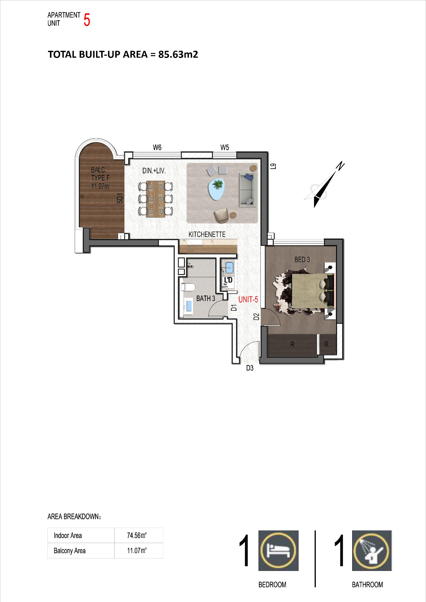 The 1 Bedroom Residence floor plan