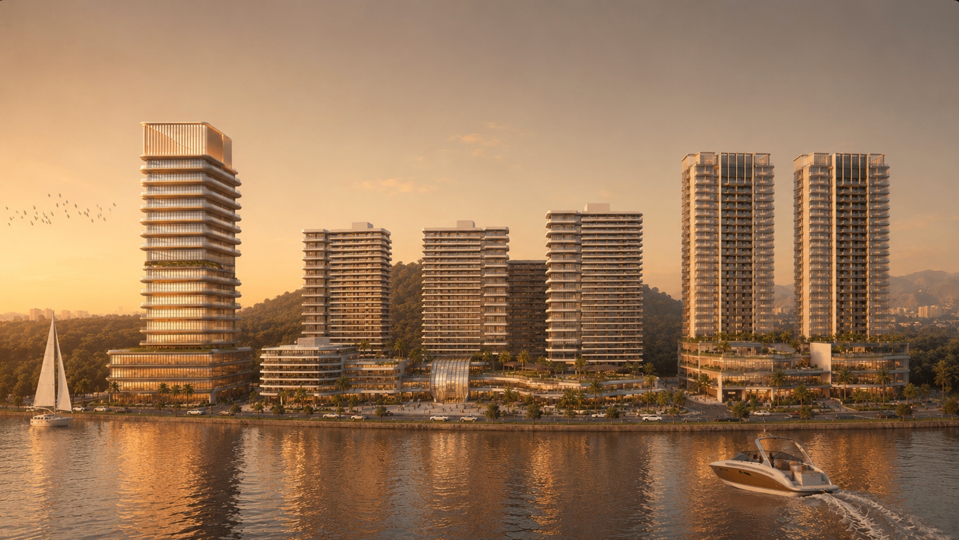 Golden hour waterfront view of Azure Residences at Sea Park Development